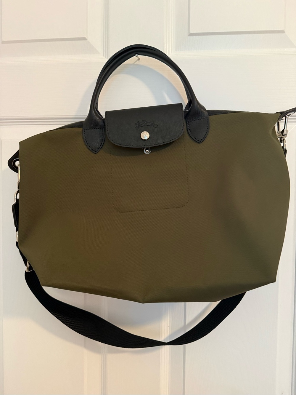 Longchamp Olive Nylon Duffel with Black Trim